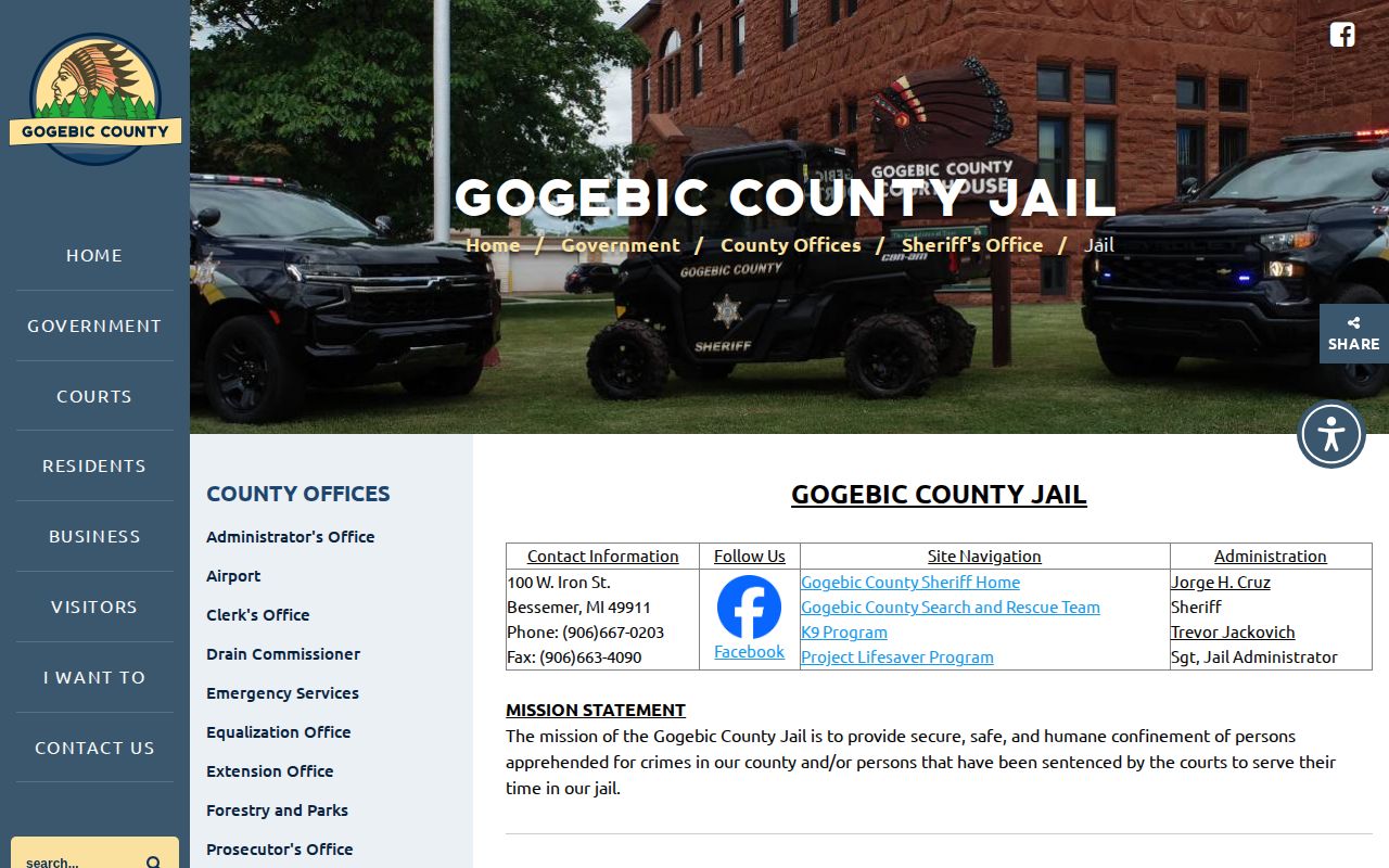 Gogebic County Jail page without a public release records feed