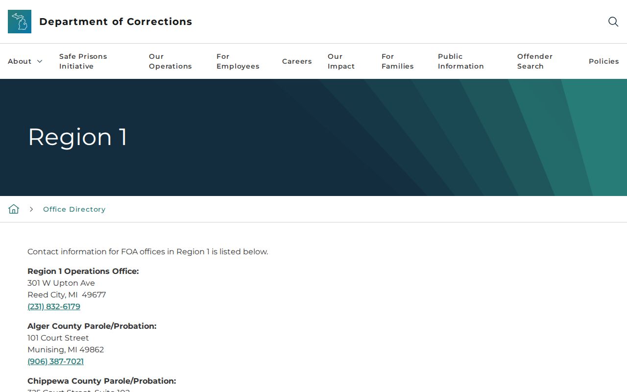 Gogebic County parole and probation Region 1 office directory