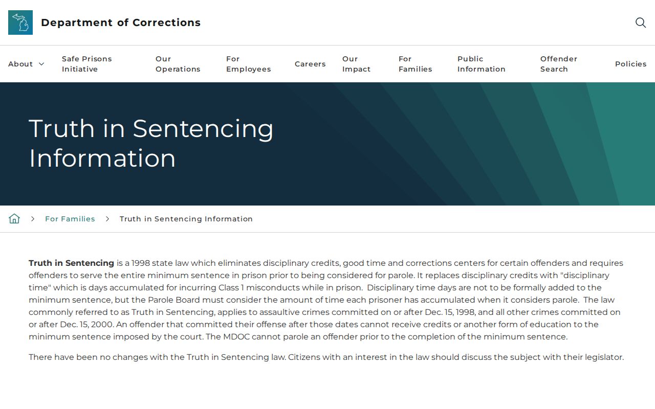 Michigan truth in sentencing rules affecting Gogebic County projected release dates