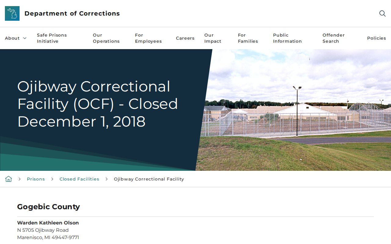 Ojibway Correctional Facility closed prison release history